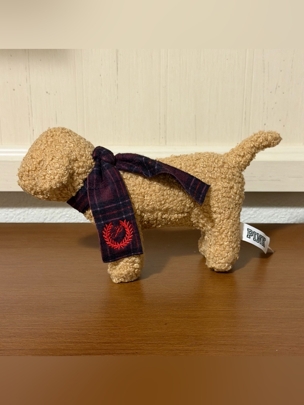 PINK Victoria’s Secret Plush Beige Dog Stuffed Animal w/ Plaid Scarf 8” 2024